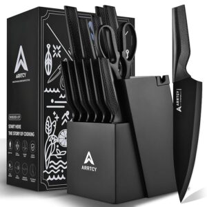 Knife Set - Kitchen Knife Set with Built-in Sharpener - knife block set dishwasher safe 15 piece - Anti-slip Handle - German Stainless Steel - Black,with Gift Box