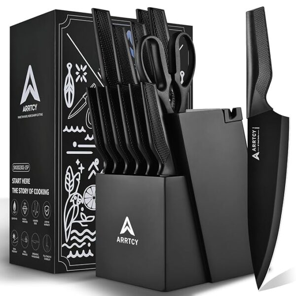 Knife Set - Kitchen Knife Set with Built-in Sharpener - knife block set dishwasher safe 15 piece - Anti-slip Handle - German Stainless Steel - Black,with Gift Box