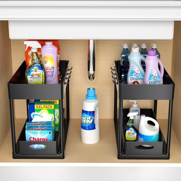 PUILUO Under Sliding Cabinet Basket Organizer, 2 Tier Under Sink Organizers Black Under Sink Storage for Bathroom Kitchen - Image 6