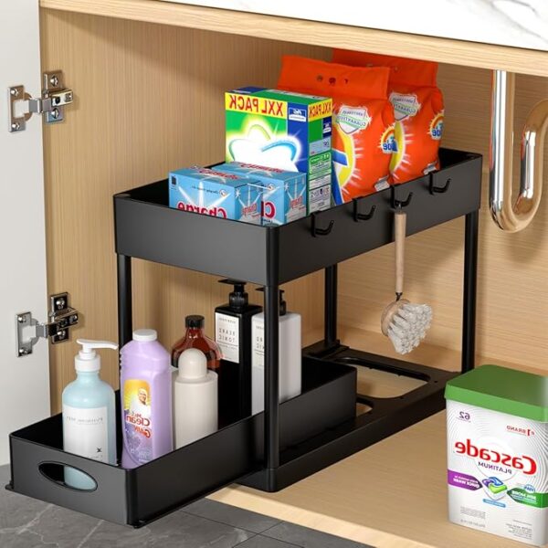 PUILUO Under Sliding Cabinet Basket Organizer, 2 Tier Under Sink Organizers Black Under Sink Storage for Bathroom Kitchen - Image 2