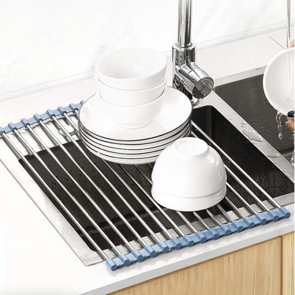 Over The Sink Dish Drying Rack, Roll Up Dish Drying Rack Kitchen Dish Rack Stainless Steel Sink Drying Rack, Foldable Dish Drainer, Gray - Image 3