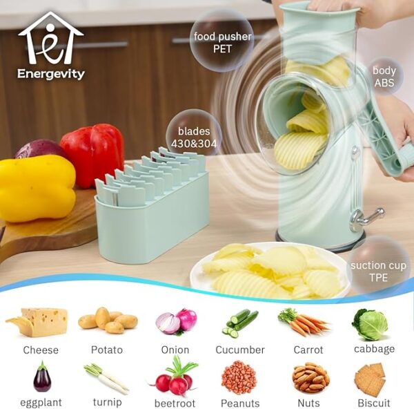 Manual Rotary Cheese Grater with Handle, 5 in 1 Replaceable Stainless Blades Cheese Shredder,Strong Suction Base Vegetable Slicer with Cleaning Brush & Bonus Storage Box for Blades (green) - Image 5
