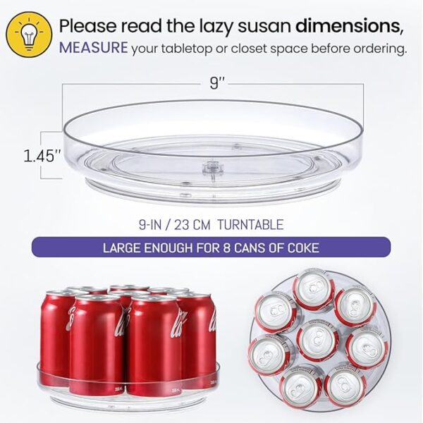 2 Pack 9 Inch Clear Acrylic Lazy Susan, Non-Skid Turntable Organizer for Cabinet, Kitchen, Pantry Organization Storage, Refrigerator, Vanity Makeup, Bathroom Countertop Organizing, Rotating Spice Rack - Image 3
