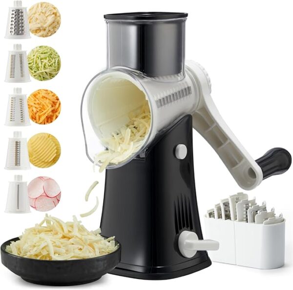 Rotary Cheese Grater Hand Crank, 5-in-1 Rotary Cheese Grater, Stronger Suction, Easy to Clean Grater for Fruit, Vegetables, Nuts, Black - Image 2