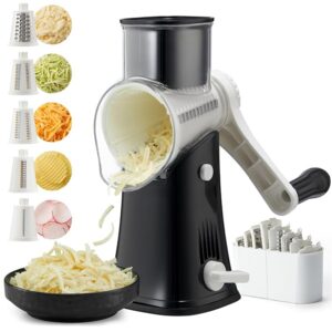 Rotary Cheese Grater Hand Crank, 5-in-1 Rotary Cheese Grater, Stronger Suction, Easy to Clean Grater for Fruit, Vegetables, Nuts, Black