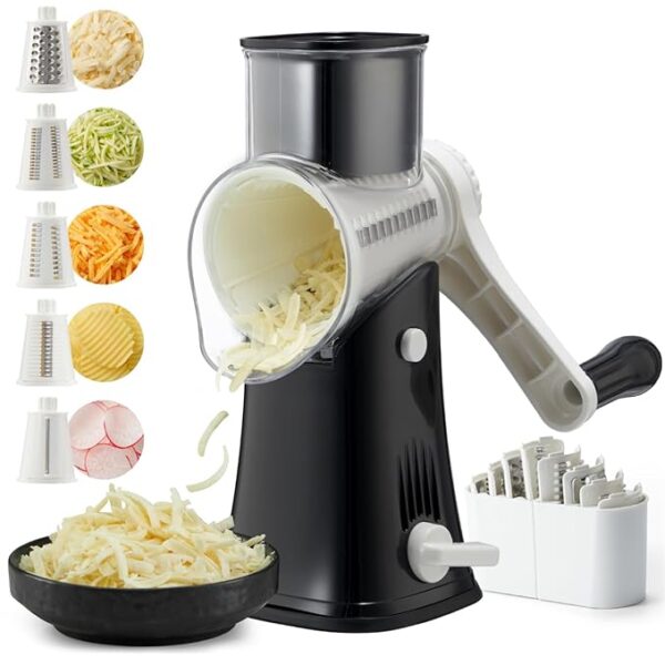Rotary Cheese Grater Hand Crank, 5-in-1 Rotary Cheese Grater, Stronger Suction, Easy to Clean Grater for Fruit, Vegetables, Nuts, Black