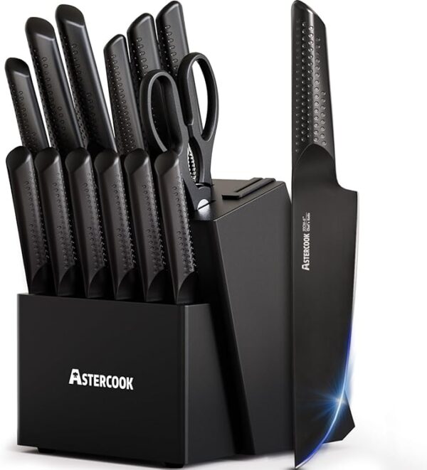 Astercook Knife Set, 15 Pieces Kitchen Knife Sets with Block and Built-in Knife Sharpener, German Stainless Steel Handle One-Piece Design Knives Block Set Dishwasher Safe, Black - Image 2