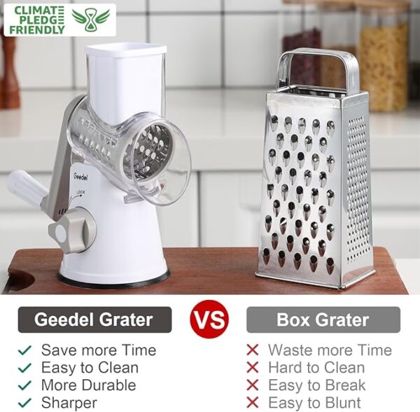 Geedel Rotary Cheese Grater, Kitchen Mandoline Vegetable Slicer with 3 Interchangeable Blades, Easy to Clean Rotary Grater Slicer for Fruit, Vegetables, Nuts - Image 3