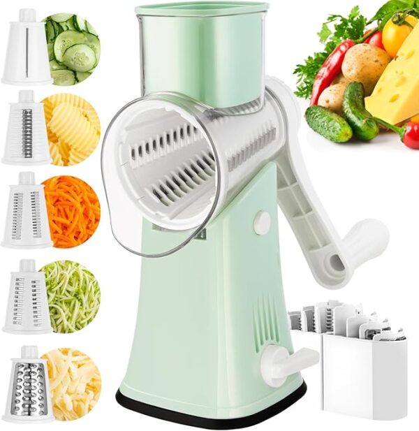 VEKAYA Rotary Cheese Grater, 5 in 1 Cheese Grater with Handle, Replaceable Stainless Blades Cheese Shredder, Cheese Vegetable Slicer, Easy to Clean Kitchen Gadgets with Storage Box - Image 2