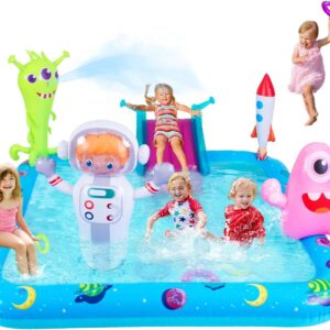 Inflatable Play Center Pool with Slide, Space Astronaut Square Kiddie Pool, 94.5" Square Outdoor Water Play Center with Sprinkler & Ring Toss for Summer Outdoor, Garden/Backyard Fun