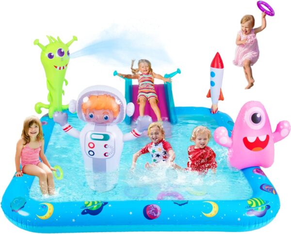 Inflatable Play Center Pool with Slide, Space Astronaut Square Kiddie Pool, 94.5" Square Outdoor Water Play Center with Sprinkler & Ring Toss for Summer Outdoor, Garden/Backyard Fun