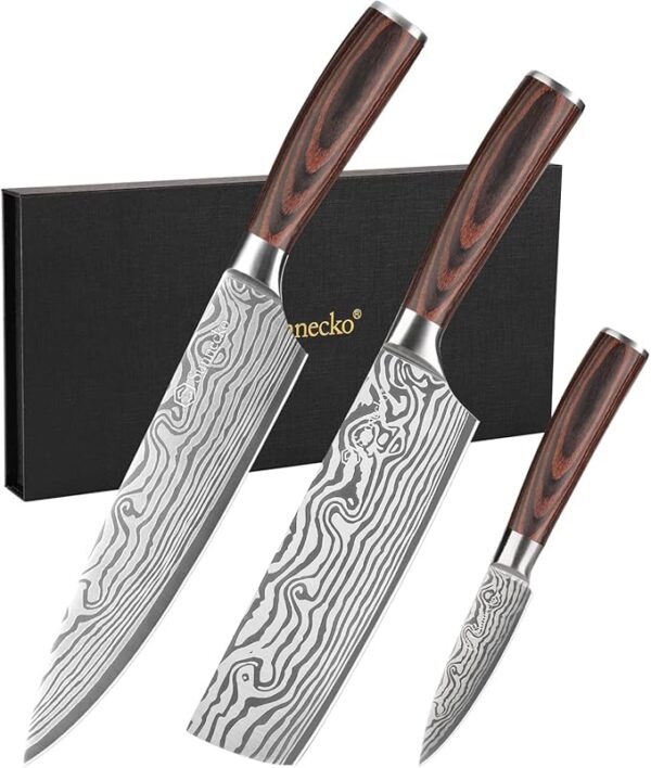 Sunnecko Kitchen Knife Set 3 Piece Chef Knife Set Professional High Carbon Stainless Steel, Sharp Kitchen Knives with Wooden Handle - Image 2