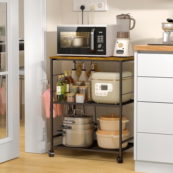 Rolling Kitchen Microwave Cart, 3 Tier Microwave Table Stand with Storage, Kitchen Utility Cart on Lockable Wheels, Small Coffee Cart Shelf Rack Organizer for Living Room Office, Balcony - Image 3