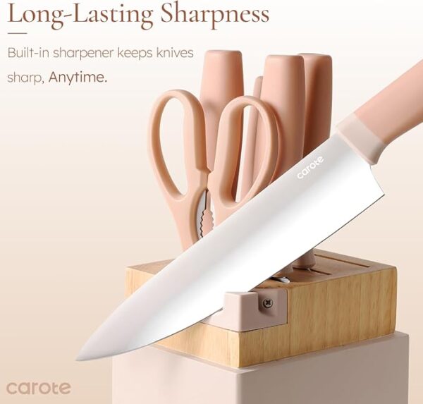 CAROTE Kitchen Knife Set with Block and Sharpener, Dishwasher Safe Knife Block Set 9Pcs, Forged Cutlery with Razor-Sharp Stainless Steel Blades, Pink - Image 4
