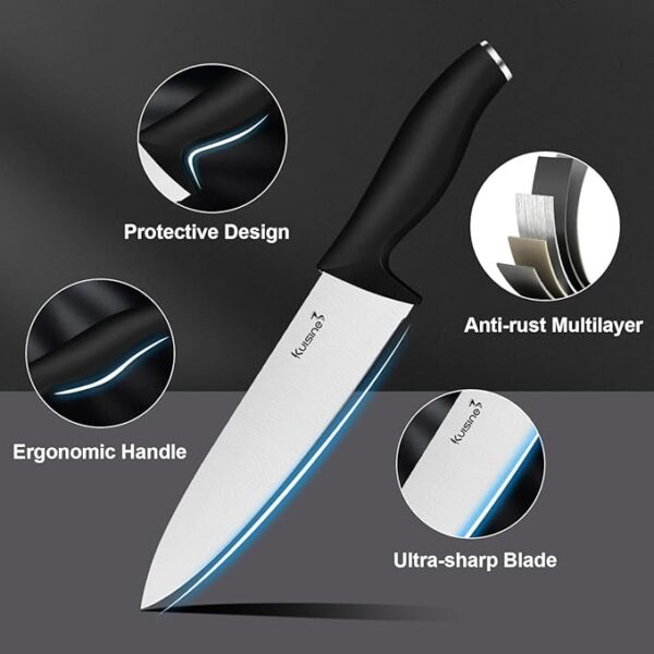 Kuisine Kitchen Chef Knife Block Set,High Carbon Stainless Steel Sharp Knife Set with Built-in Sharpener,Elegant Gift(Black,15pcs) - Image 5
