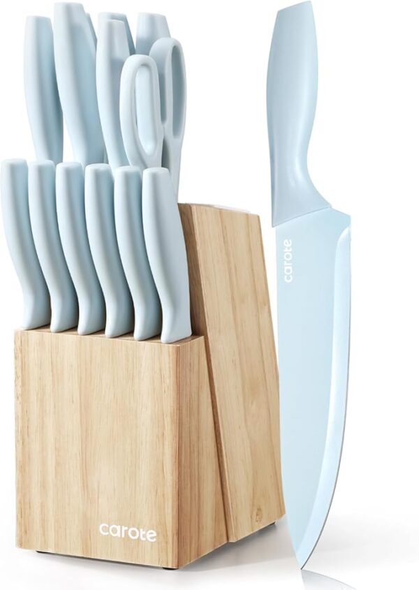 CAROTE 15Piece Knife Set, Kitchen Knife Block Set, Elegant Ceramic-Coated Blades with Stylish Wooden Block for Modern Culinary Excellence, Blue - Image 2