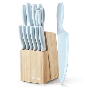 CAROTE 15Piece Knife Set, Kitchen Knife Block Set, Elegant Ceramic-Coated Blades with Stylish Wooden Block for Modern Culinary Excellence, Blue
