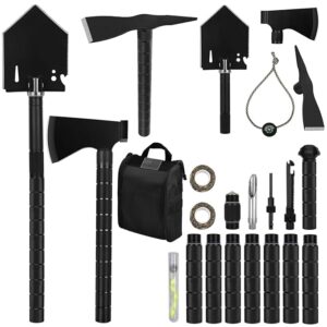 IUNIO Survival Off-Roading Tool Kit, 19 in 1 Folding Shovel, Camping Axe, Multitool, Pickaxe, with Carrying Bag, for Outdoor, Car Emergency (Upgrade Black)