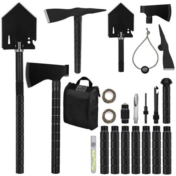 IUNIO Survival Off-Roading Tool Kit, 19 in 1 Folding Shovel, Camping Axe, Multitool, Pickaxe, with Carrying Bag, for Outdoor, Car Emergency (Upgrade Black)