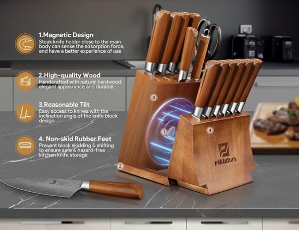 Kitchen Knife Sets With Block, Piklohas 15 Pieces Knife Sets With Magnetic Detachable Knife Holder, High Carbon Steel Damascus Pattern Chef Knife Set With Steak Knives, Ideal For House Warming Gift - Image 4