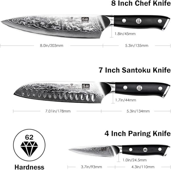 SHAN ZU Damascus Knife Set, Japanese Super Steel 3 PCS Damascus High Carbon Professional Ultra-Sharp Kitchen Chef Knife Set with G10 Handle Gift Box - Image 3