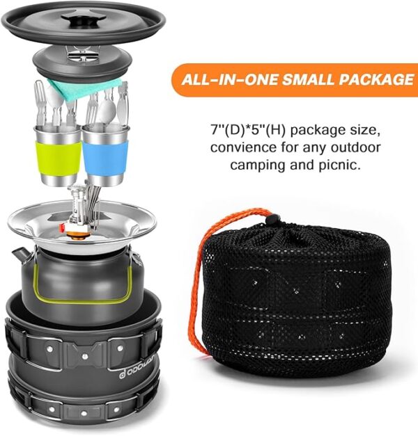 Odoland 16pcs Camping Cookware Set with Folding Camping Stove, Non-Stick Lightweight Pot Pan Kettle Set with Stainless Steel Cups Plates Forks Knives Spoons for Camping Backpacking Outdoor Picnic - Image 6