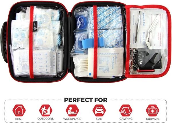 Compact First Aid Kit (228pcs) Designed for Family Emergency Care. Waterproof EVA Case and Bag is Ideal for The Car, Home, Boat, School, Camping, Hiking, Office, Sports. Protect Your Loved Ones. Red - Image 4