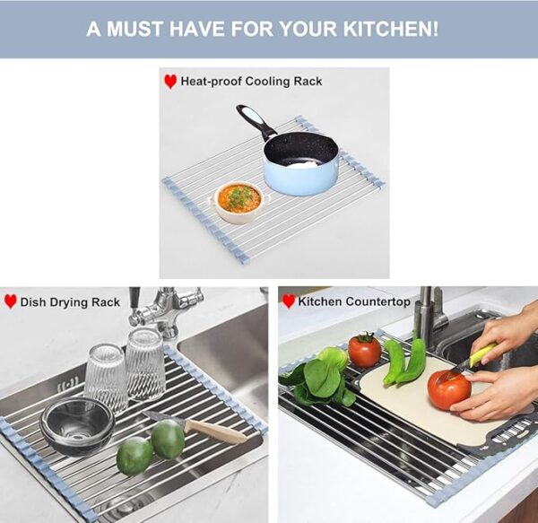 Over The Sink Dish Drying Rack, Roll Up Dish Drying Rack Kitchen Dish Rack Stainless Steel Sink Drying Rack, Foldable Dish Drainer, Gray - Image 5