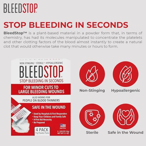BleedStopâ¢ First Aid Powder for Blood Clotting, Trauma Kit, Blood Thinner Patients, Camping Safety, and Survival Equipment for Moderate to Severe Bleeding Wounds or Nosebleeds - 4 (15g) Pouches - Image 6