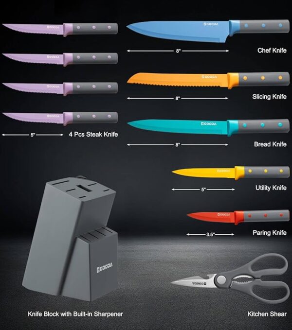 GOODA Knife Set,11 Pieces Kitchen Knife Set with Built-in Sharpener Block,Dishwasher Safe, High Carbon Stainless Steel Chef Cooking Knife Block Set - Image 3