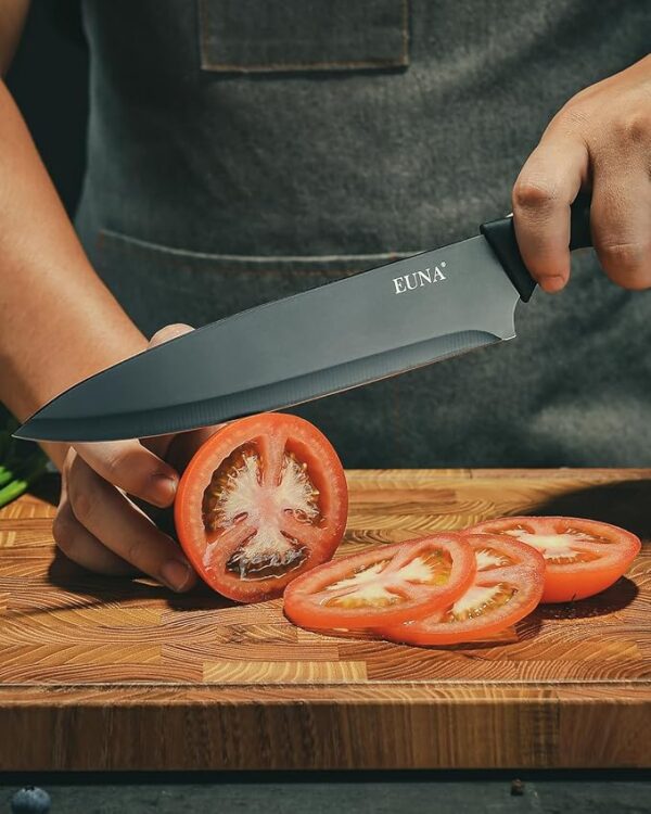 EUNA Kitchen Knife Set, 19 PCS Black Knife Set with Acrylic Block and Sharpener, German High-Carbon Stainless Steel Knife Sets with 6 Serrated Steak Knives, Bread Knife, Chef Knife, Dishwasher Safe - Image 5