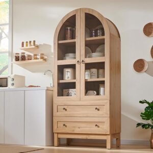 71" Tall Arched Kitchen Pantry, Modern Farmhouse Wood Kitchens Storage Cabinets with 2 Large Drawers and Adjustable Shelves, Versatile Cupboard for Kitchen, Dining Room, Bathroom, Natrual