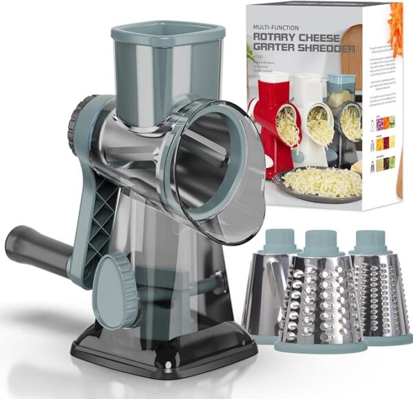Cheese Grater Cheese Shredder with 3 Interchangeable Blades, Rotary Cheese Grater Manual Vegetable Slicer with Non-slip Suction Base Peanut Nuts Grinder Vegetable Shredder Clear - Image 2