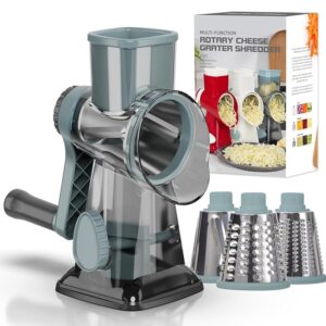 Cheese Grater Cheese Shredder with 3 Interchangeable Blades, Rotary Cheese Grater Manual Vegetable Slicer with Non-slip Suction Base Peanut Nuts Grinder Vegetable Shredder Clear