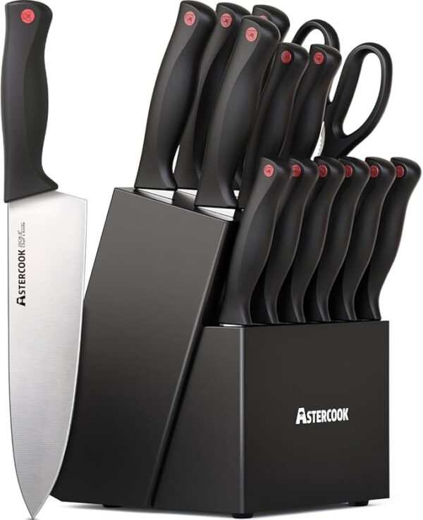 Astercook Knife Set, 15 Pieces Kitchen knives Set with Built-in Sharpener, High Carbon German Stainless Steel Chef Knife Block Sets, Sharp & Rust Resistant Dishwasher Safe, Black - Image 2