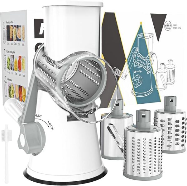 Cambom Rotary Cheese Grater Hand Crank Cheese Shredder for Fresh Cheese, Vegetable, Nuts,Non-slip Suction Base, Free Cleaning Brush Three Blades, White - Image 2