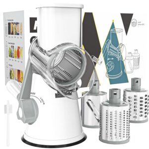 Cambom Rotary Cheese Grater Hand Crank Cheese Shredder for Fresh Cheese, Vegetable, Nuts,Non-slip Suction Base, Free Cleaning Brush Three Blades, White