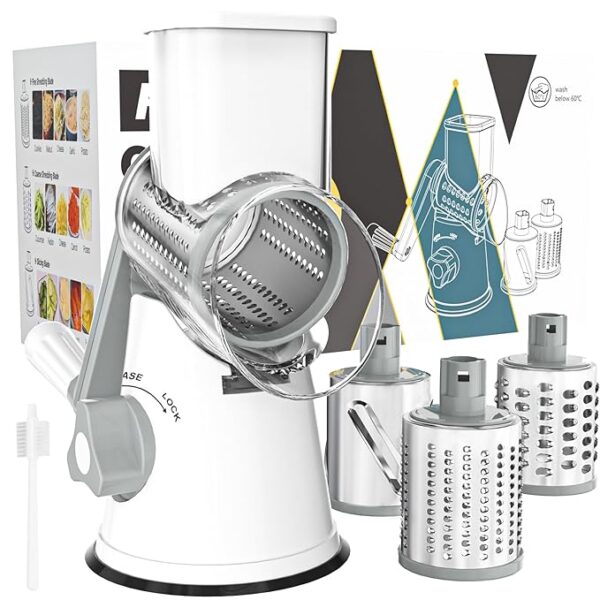 Cambom Rotary Cheese Grater Hand Crank Cheese Shredder for Fresh Cheese, Vegetable, Nuts,Non-slip Suction Base, Free Cleaning Brush Three Blades, White