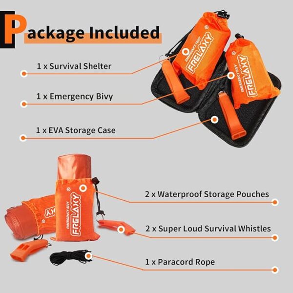 Frelaxy Extra-Thick Survival Tent and Emergency Sleeping Bag, Emergency Shelter Survival Bivy Set with Whistles, Paracord, Storage Pouches, and EVA Case, Perfect for Survival Kits - Image 3