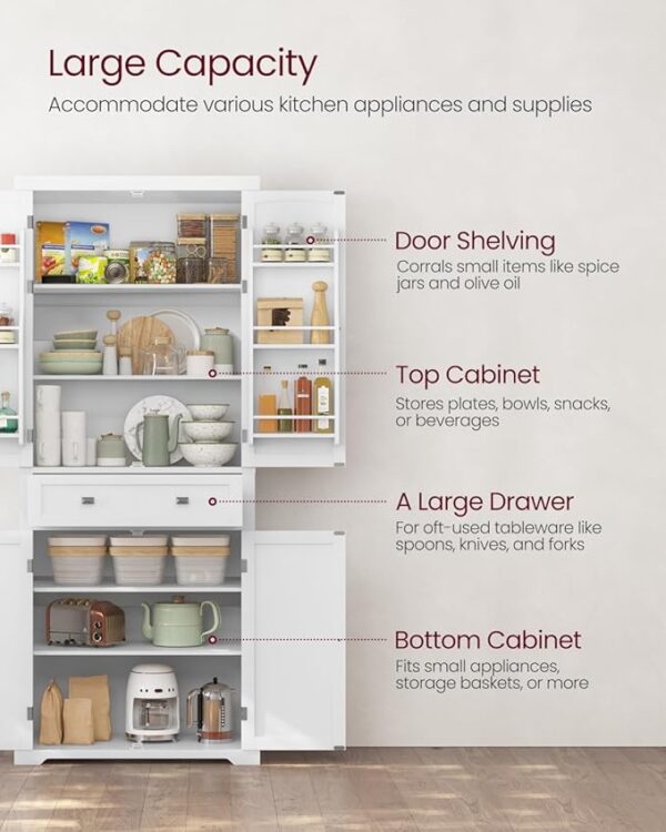VASAGLE Pantry Cabinet, 71.7-Inch High Freestanding Tall Cupboard Storage Cabinet with a Drawer, 2 Cabinets, 4 Adjustable Shelves, 6 Door Shelves, for Living Room, Kitchen, White UBBC561P31V2 - Image 5