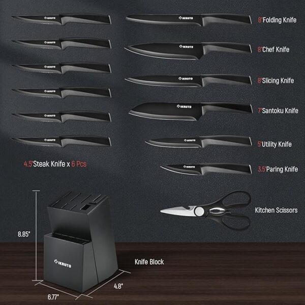 15-Piece Professional Kitchen Knife Set with Block â Built-in Sharpener, Anti-Slip Handles, Non-Slip Base â Effortless Cooking Tools for Chefs & Home Cooks (Black Gray) - Image 3