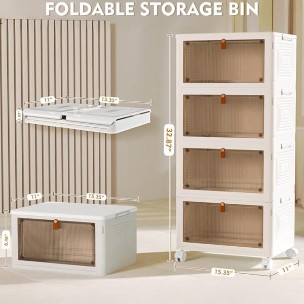 4 Tier Plastic Storage Bins with Lid 23QT, Stackable Storage Containers with Wheels, Folding Storage Boxes, Stackable Storage Bins, Closet Organizers and Storage for Living Room,Office,Dorm - Image 3