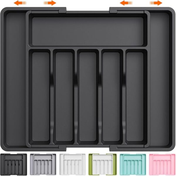 Lifewit Large Silverware Drawer Organizer, Expandable Utensil Tray for Kitchen, BPA Free Flatware and Cutlery Holder, Adjustable Plastic Storage for Spoons Forks Knives, Large, Black - Image 2