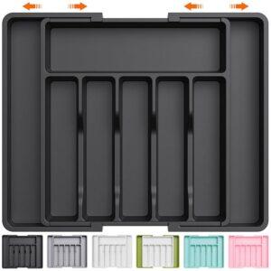 Lifewit Large Silverware Drawer Organizer, Expandable Utensil Tray for Kitchen, BPA Free Flatware and Cutlery Holder, Adjustable Plastic Storage for Spoons Forks Knives, Large, Black