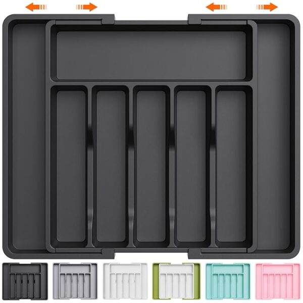 Lifewit Large Silverware Drawer Organizer, Expandable Utensil Tray for Kitchen, BPA Free Flatware and Cutlery Holder, Adjustable Plastic Storage for Spoons Forks Knives, Large, Black