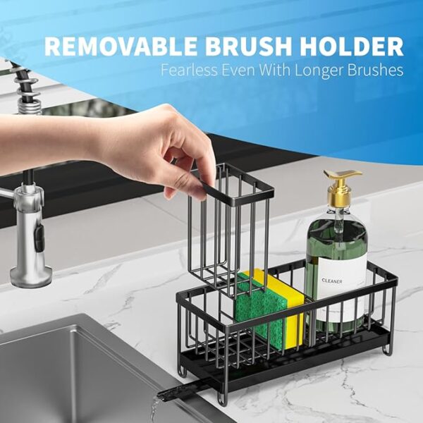 Cisily Black Sponge Holder for Kitchen Sink, Sink Caddy Organizer with High Brush Holder, Kitchen Countertop Organizers and Storage Essentials, Rustproof 304 Stainless Steel, Soap Dispenser Organize - Image 4