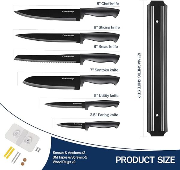 Kitchen Knife Set with No Drilling Magnetic Strip for Kitchen Black Titanium Small Cooking Knives, Sharp Stainless Steel Chef Knife Set for Cutting Meat & Vegetable - Image 6