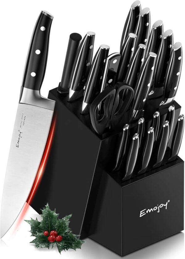 Emojoy 22-Piece Kitchen Knife Set with Block, Include 2-pair Chef Knives, Carving Fork and Sharpener (Dual-Chef Sets) - Image 2