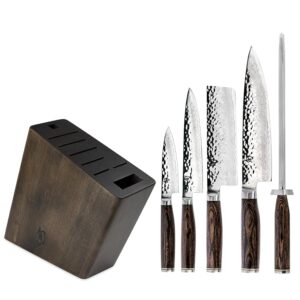 Shun Premier 6 Piece Block Set, Includes 8" Chef, 4" Paring, 5.5" Nakiri, 6.5" Utility Knives, Honing Steel & 8-Slot Angled Knife Block, Handcrafted Japanese Knife Set, Pakkawood Handles