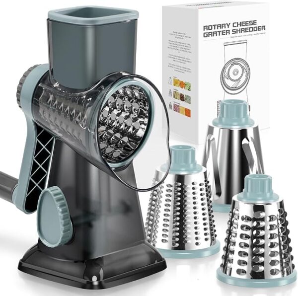 KEOUKE Rotary Cheese Grater Hand Crank Cheese Shredder Vegetable Mandoline Slicer for Kitchen 3 Changeable Blades for Cheese Potato Zucchini Nuts Chocolate - GreyBlue - Image 2